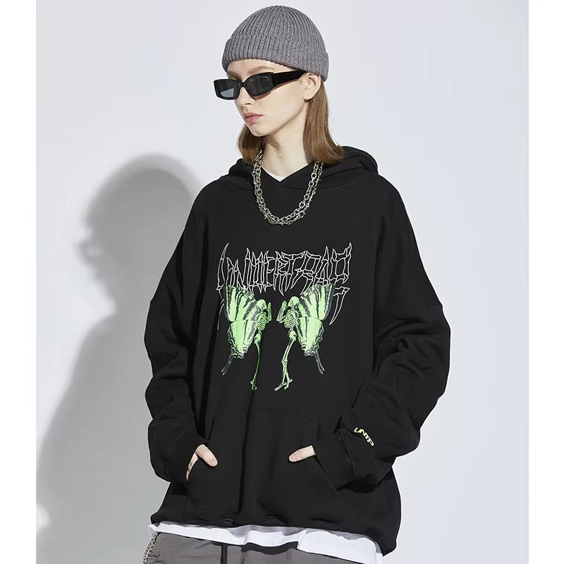 2025 Men Hip Hop Hoodie Sweatshirt Dancing Skull Butterfly Print Harajuku Hoodie Streetwear Winter Fleece Hooded Pullover Cotton