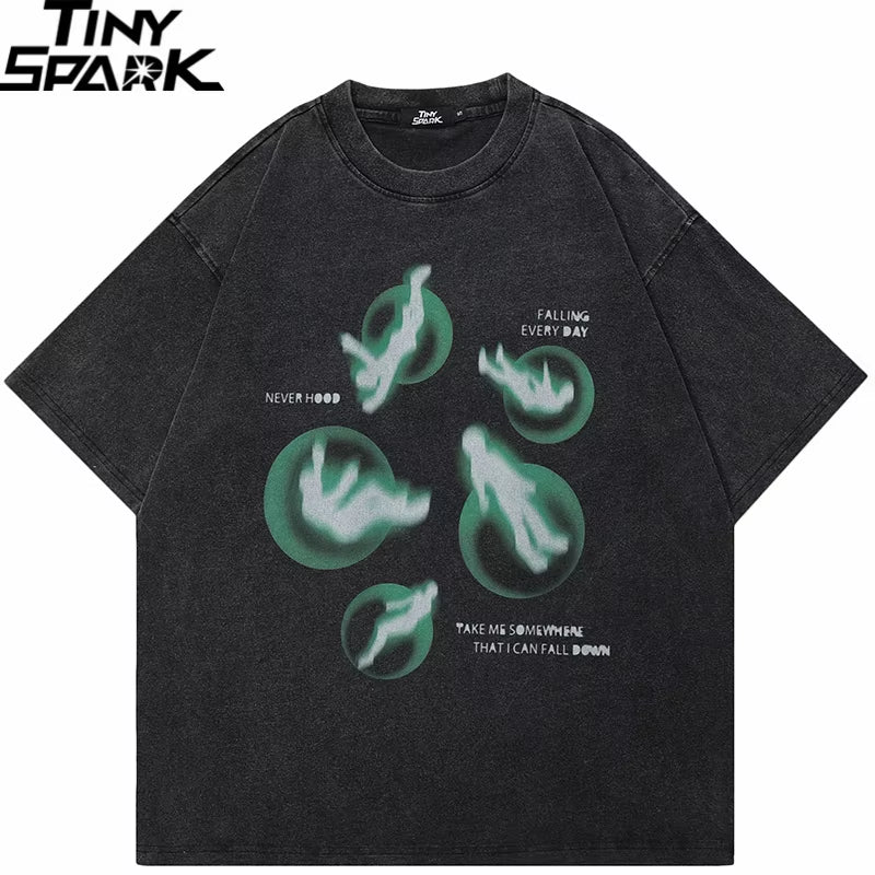 2024 Hip Hop Streetwear Men T-Shirt Oversized Green Graphic T Shirt Retro Vintage Washed Black Tshirt Unisex Tops Tees Cotton