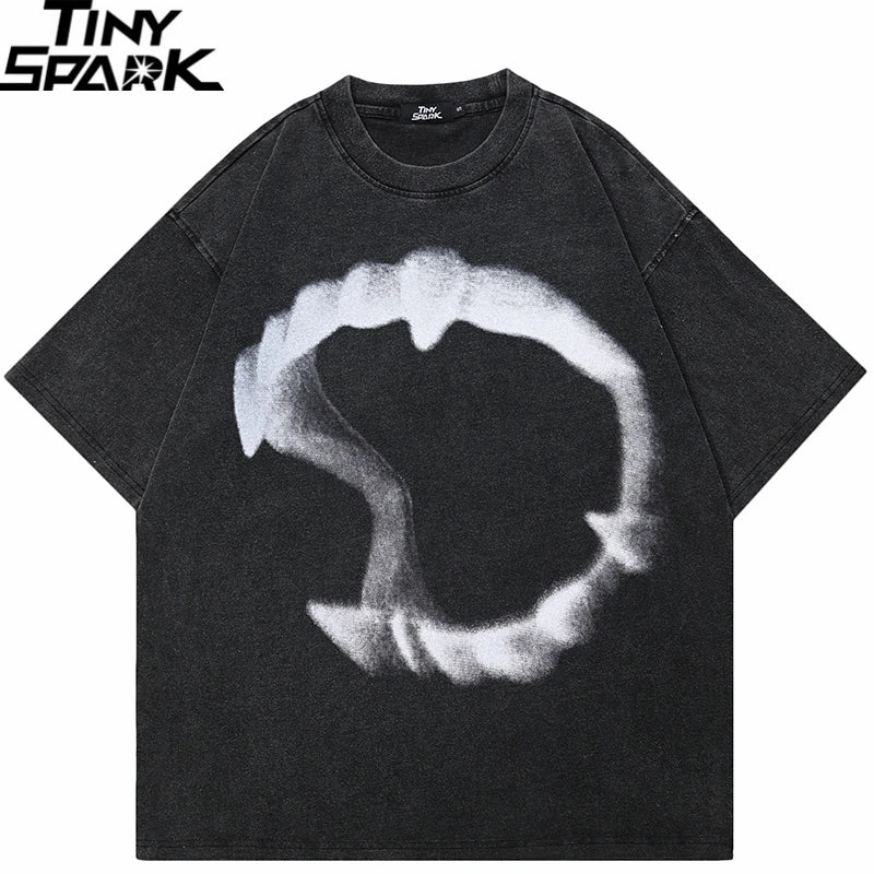 2024 Hip Hop Streetwear Men T-Shirt Oversized Animal Teeth Graphic T Shirt Retro Washed Black Unisex Tshirt Cotton Tops Tees