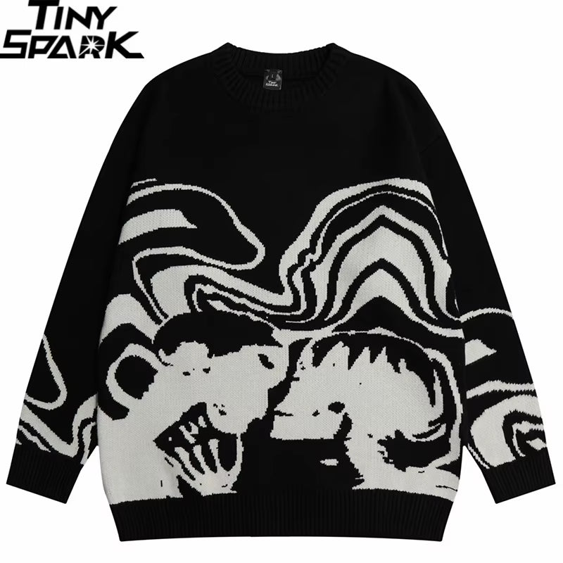 2025 Men Streetwear Sweater Retro Painting Skull Graphic Hip Hop Knitted Sweater Vintage Pullover Casual Wool Sweater Hipster