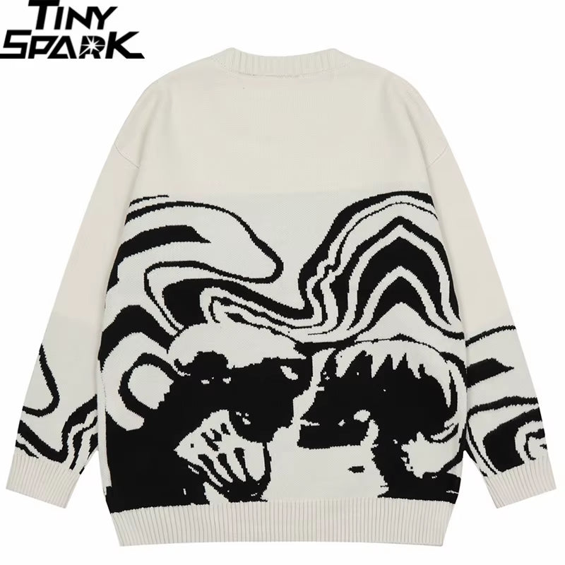 2025 Men Streetwear Sweater Retro Painting Skull Graphic Hip Hop Knitted Sweater Vintage Pullover Casual Wool Sweater Hipster