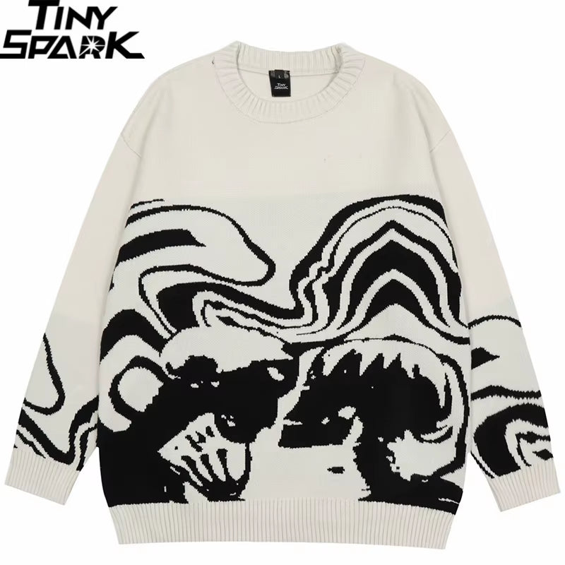 2025 Men Streetwear Sweater Retro Painting Skull Graphic Hip Hop Knitted Sweater Vintage Pullover Casual Wool Sweater Hipster