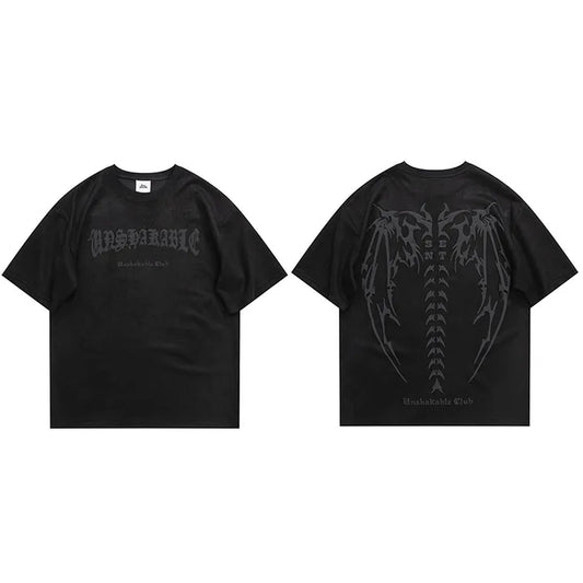 Men Suede Tshirt Streetwear Devil Wings Skeleton Graphic T-Shirt Harajuku 2025 T Shirt Unisex Top Tees Short Sleeve Hipster