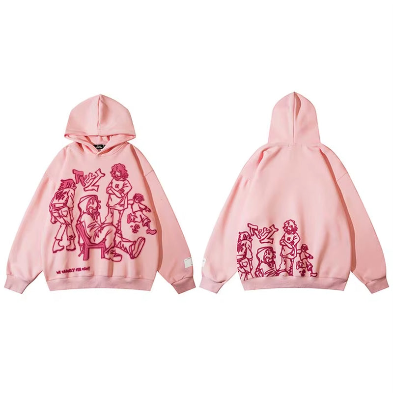 2024 Men Streetwear Pink Hoodie Sweatshirt Funny Cartoon Graphic Hoodie Autumn Harajuku Anime Hooded Pullover Hip Hop Hipster