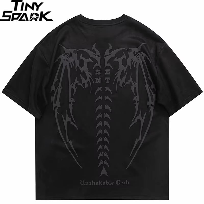 Men Suede Tshirt Streetwear Devil Wings Skeleton Graphic T-Shirt Harajuku 2025 T Shirt Unisex Top Tees Short Sleeve Hipster